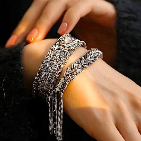 Sterling Silver Bangle Bracelet plus braided silver bracelet two-piece set - Picture 4 of 5